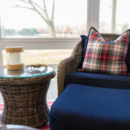 coastal haven design | coastalhavendesign.com | indoor outdoor seating blue chair and plaid pillow
